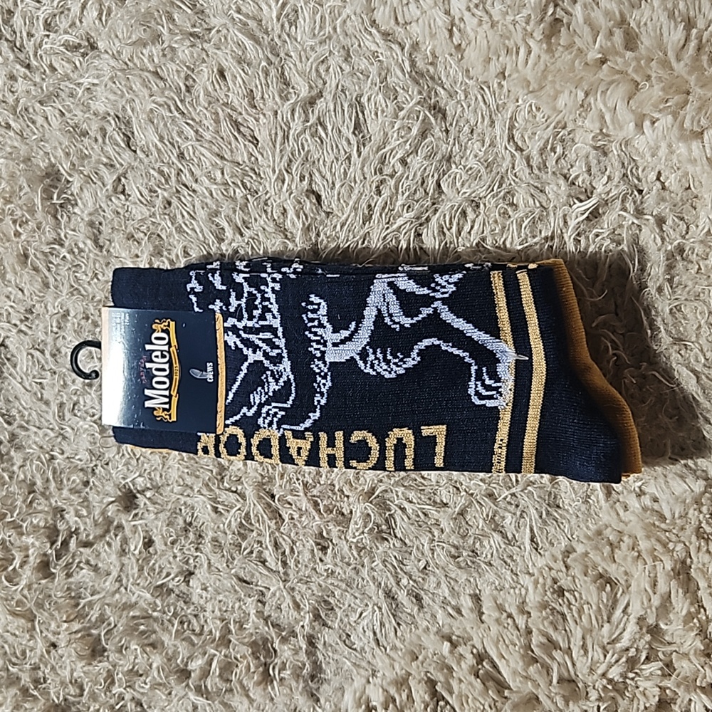 Modelo Beer Crew Socks Navy Gold 2 Pairs Ribbed Christmas Gift